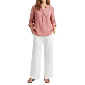 SIGRID OLSEN 100% Linen Tunic Henley Top Large Coral Coastal EUC